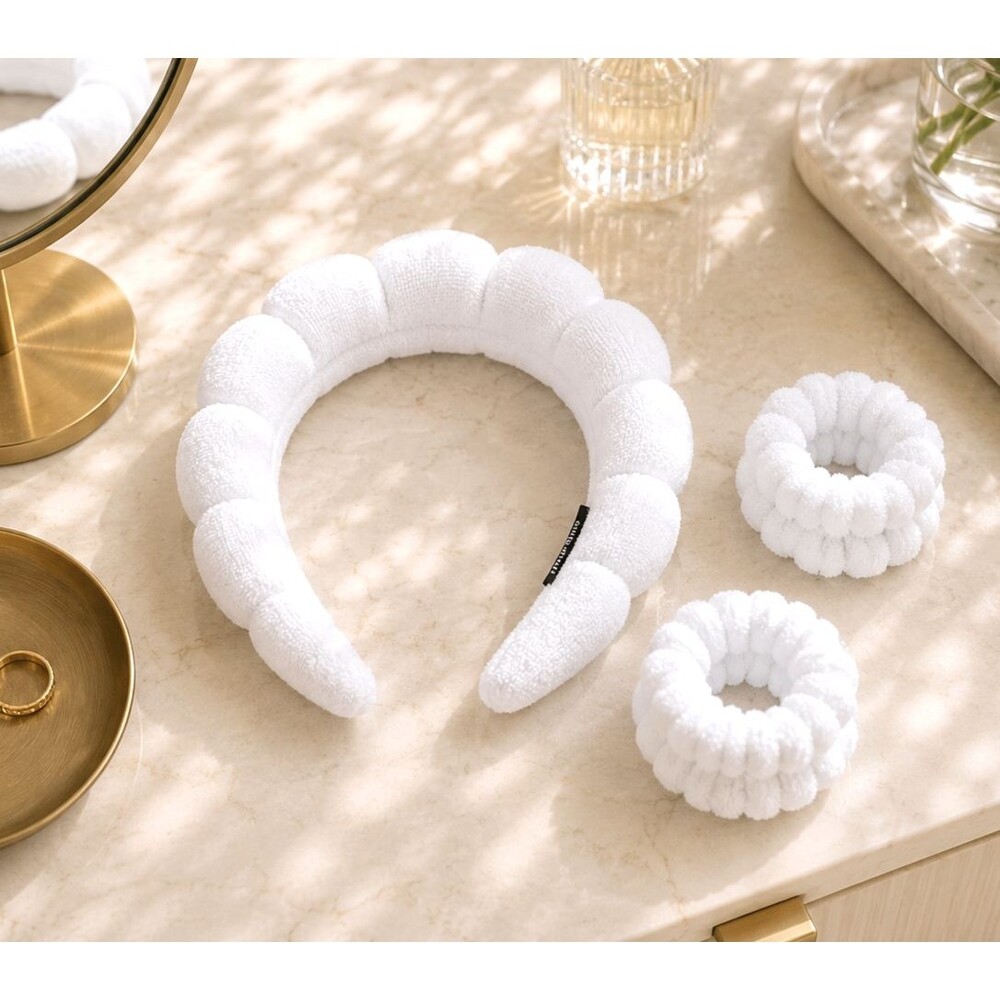 White Puffy Spa Headband & Wrist Wash Band Set Terry Cloth Makeup NEW